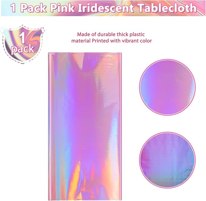 1 Pack Iridescent Pink Plastic Tablecloths, FunnyPars Shiny Disposable Laser Rectangle Table Covers, Holographic Foil Tablecloth Iridescent Party Decorations for Kpop Birthday Wedding Xmas, 54x108Inch