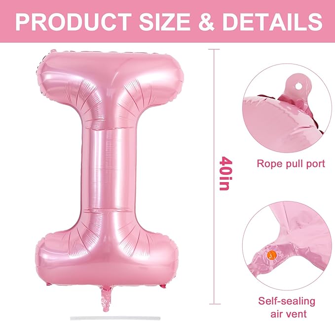 TONIFUL 40 Inch Large Pink Letter I Balloons Giant Foil Mylar Alphabet Balloon for Birthday Party Anniversary Baby Shower Wedding Supplies Decorations