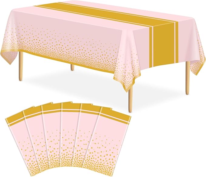 6 Pack Pink and Gold Tablecloth Party Decorations Plastic Pink Tablecloth Printed Gold Table Runner 54 x108 Inch Disposable Rectangle Table Cover for Birthday Wedding Graduation