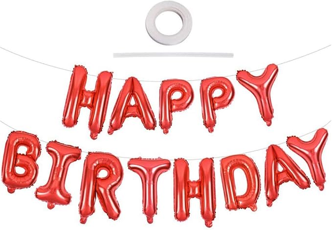 TONIFUL Red Happy Birthday Balloons 16 Inch Mylar Foil Letters Birthday Sign Banner Balloon Bunting Reusable for Girls Boys Kids & Adults Birthday Decorations and Party Supplies