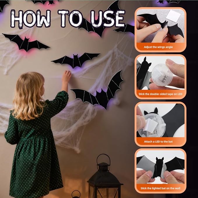 2025 New Halloween 3D Lighted Bats, LED Purple Lighted 3D Bats Halloween Decoration, Upgrade LED Glowing Bat Group Hanging Wall Luminous Glow Clings Multipack (24Pcs Black)