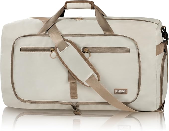 Fmeida 65L Duffle Bag with Shoes Compartment, Foldable Travel Duffel Bags for Men Women, Large Packable Travel Bag Water Repellent & Tear Resistant (Beige)