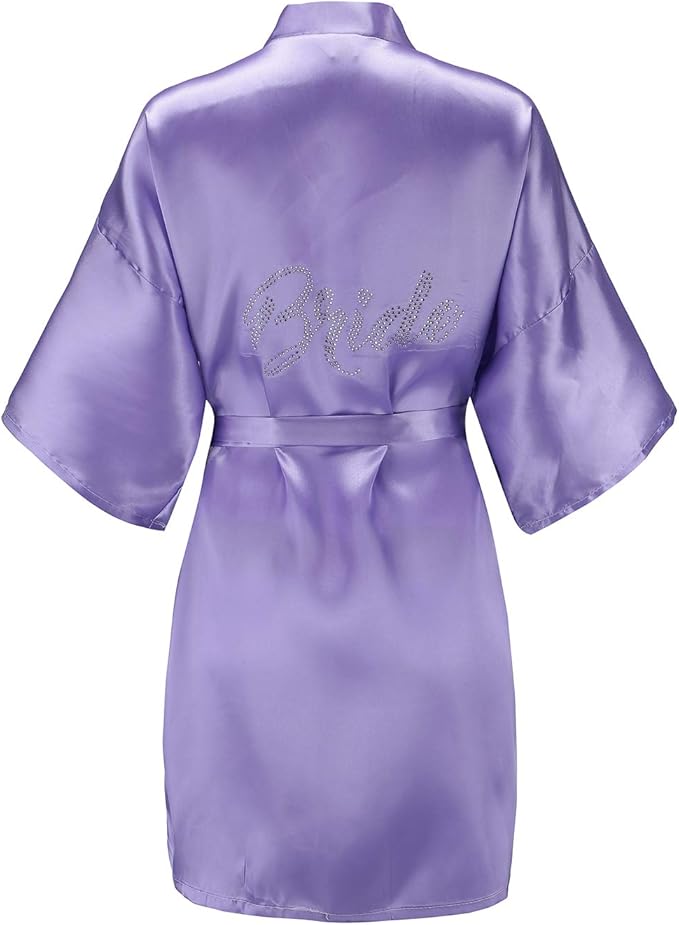 EPLAZA Women's One Size Silver Rhinestones Bride Bridesmaid Short Satin Robes for Wedding Party Getting Ready