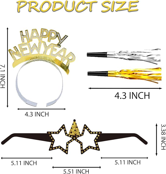 36PCS Happy New Year Decorations 2026 New Years Eve Party Supplies 2026,With 12 Happy New Year Headband Tiara,12 Noise Maker,12 New Years Glasses 2026