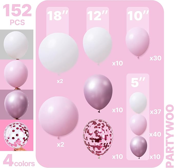 PartyWoo Baby Pink Balloon Arch Kit Garland 152pcs Different Sizes of 18 12 10 5 Inch White Light Pastel Pale Metallic Pink Confetti Balloons for Baby Shower Princess Birthday Party Decorations