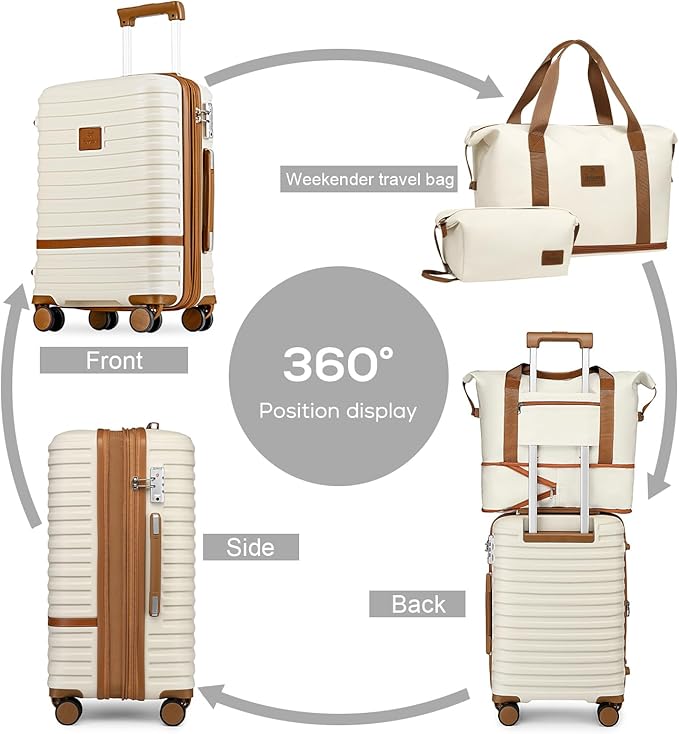 Joyway Carry On Luggage 20 Inch Expandable Suitcase with Spinner Wheel, 4 Piece Hard Shell Luggage Set with TSA Lock(White brown)