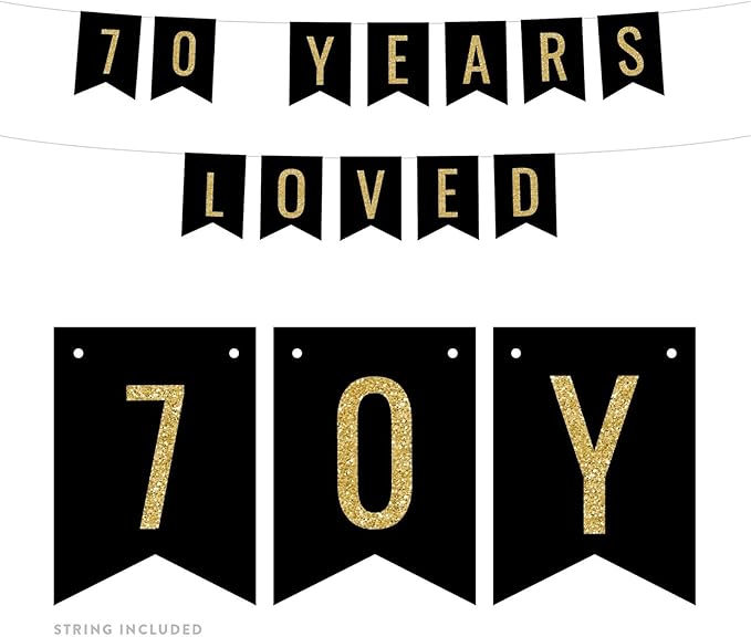 Andaz Press Faux Gold Glitter on Black Birthday Party Banner Decorations, 70 Years Loved, Approx 5-Feet, 1-Set, 70th Birthday Milestone Colored Hanging Pennant Decor