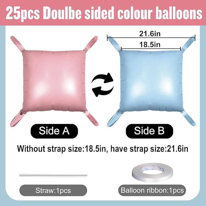 25Pcs Light Pink and Light Blue Square Foil Balloons Wall Backdrop, Double Sided Metallic Foil Balloons Tunnel Arch Garland Kit for Photo Booth Birthday Wedding Graduation Halloween Party Decorations