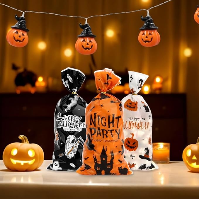 100 PCS Halloween Treat Bags(5x11 Inch) with Tie, Plastic Halloween Bags for Candy Goodie Goody Cookie Gift Wrap Night Party Favors Supplies Decorations Ghost Witch Castle Pumpkin Cellophane Pouch