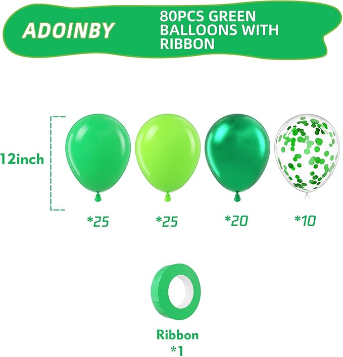 Green Balloons - 80 Pcs, 12 Inch Different Shades Lime Green, Chrome Metallic, Latex Balloons with Confetti for Jungle Safari, Forest Themed Birthday Party Decoration