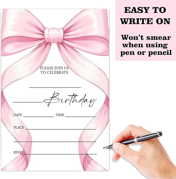 Pink Bow Birthday Invitation Cards For Girls Adult Teens, Birthday Party Supplies Favors, 20 Fill-In Invitation Cards with Envelopes -25