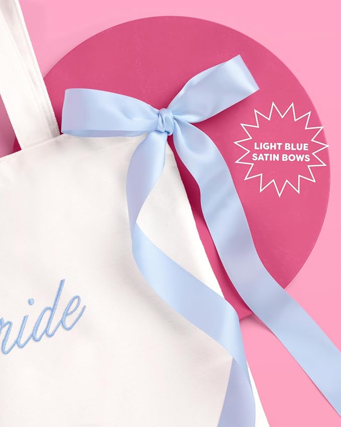 xo, Fetti White Bride Canvas Tote Bag, Blue Satin Bows | Bachelorette Party Decorations, Bride To Be Purse Accessory, Bridesmaid Gift, Bridal Shower Supplies, Engagement Party Favor