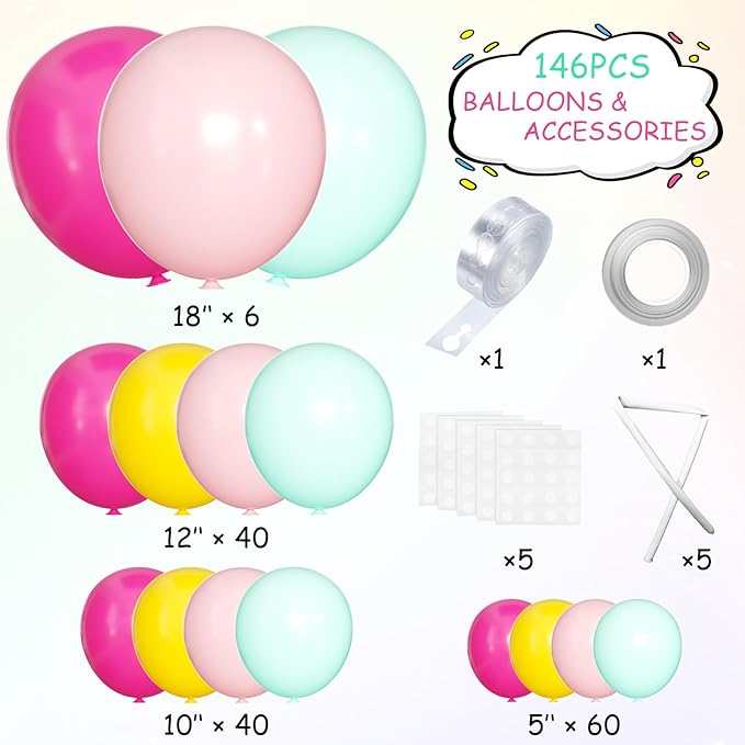 Balloons Arch Kit, 146Pcs Matte Rose Red Tender Pink Macaron Green Yellow Latex Balloon Different Sizes 18 12 10 5 Inch for Birthday Baby Bridal Shower Wedding Party Backdrop Decorations