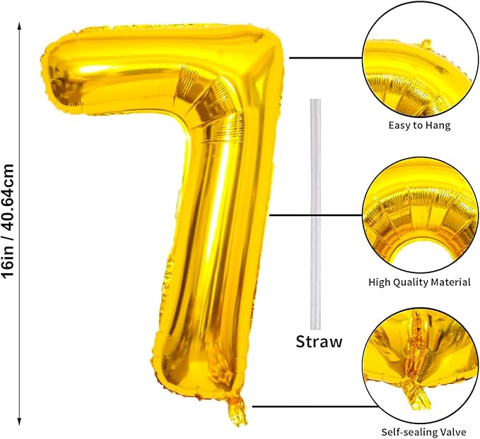 16 In Gold Large Numbers Balloons 0-9, Self Inflating Number 7 Balloons for Boys Girls, Big Gold Digit 7 Balloons for Women Men Birthday Party Anniversary Wedding Supplies Decorations