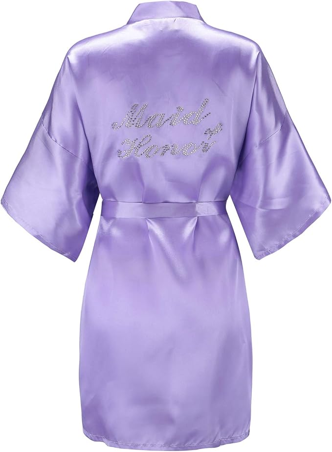 EPLAZA Women's One Size Silver Rhinestones Bride Bridesmaid Short Satin Robes for Wedding Party Getting Ready