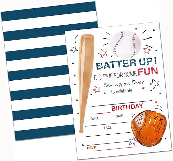 Baseball Birthday Party Invitation Cards, Batter Up It's Time for Some Fun Party Celebration, Party Supplies, Favors, 20 Cards With 20 Envelopes – (bq01)