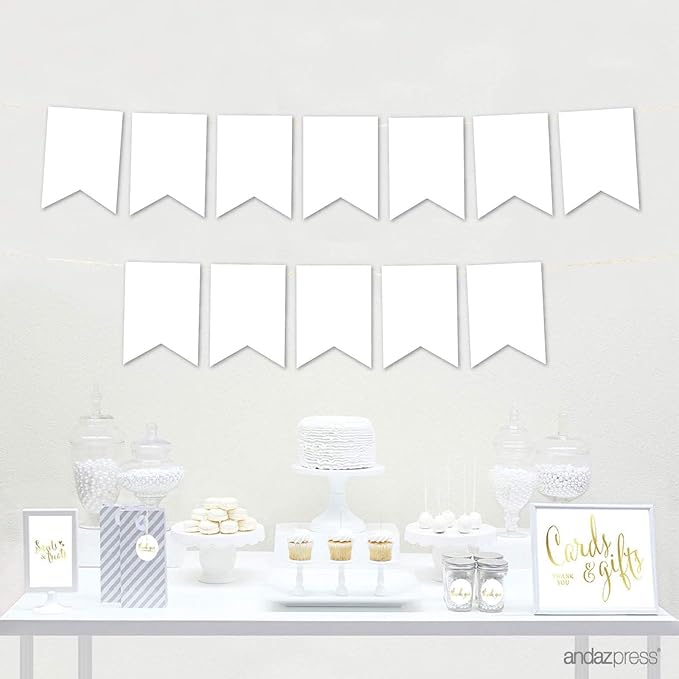 Andaz Press Hanging Pennant Banner with String, White, 1-Set, 24 Pennants, Approx. 12-Feet Long