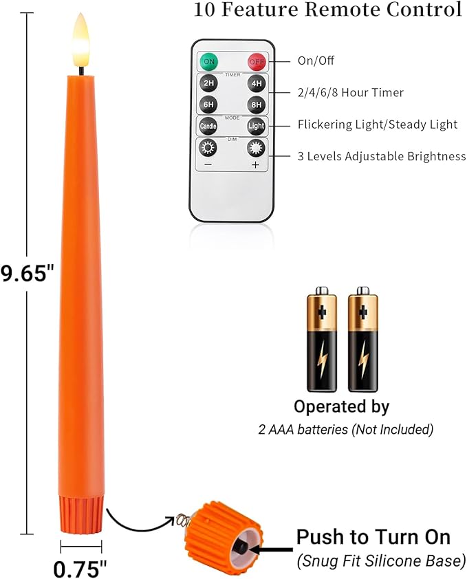 Orange Flameless Taper Candles with Remote and Timer, 9.65 Inch Real Wax LED Candlesticks, Fall Taper Candles Battery Operated with 3D Flickering Flame, Thanksgiving Candles for Table, 3 Pack