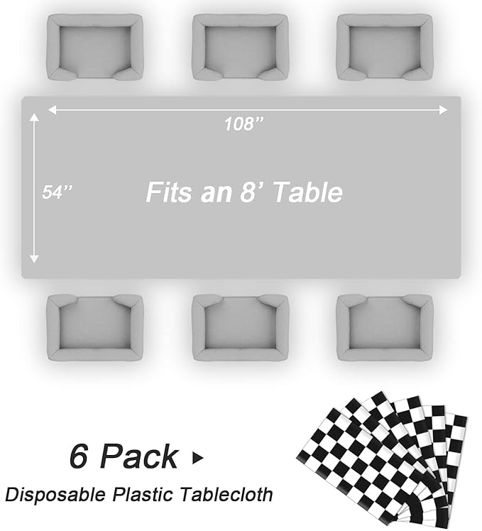 QIKSION Checkered Tablecloth Disposable 6 Pack, 54 x 108 Inch Black and White Checkered Flag Table Cloth for Race Car Decorations, Birthday Party Supplies, Rectangle, Plastic Table Cover