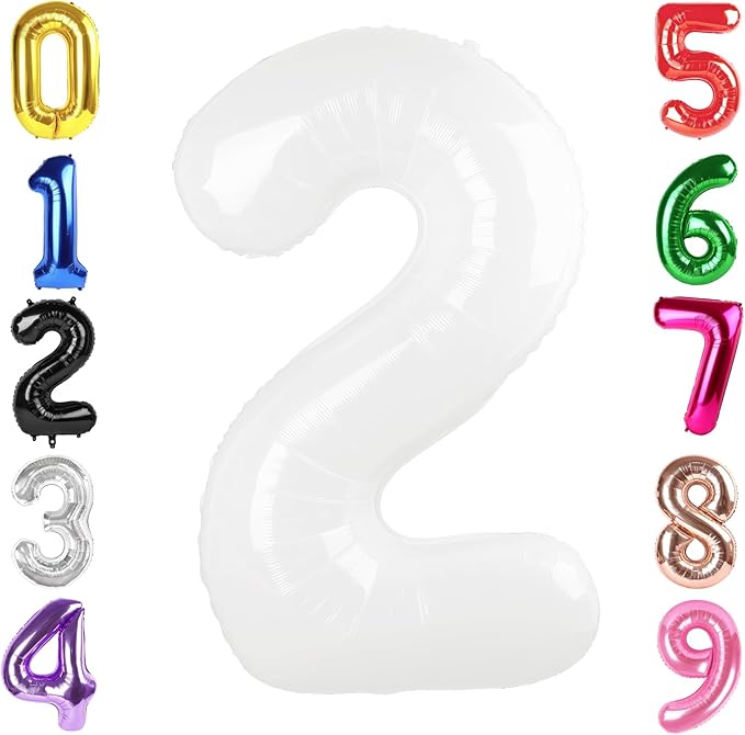 40 Inch White Number 2 Balloon, Giant 2 Number Balloons for 2nd Birthday Decorations, Party Supplies for Baby Boy Girl, White Party Decor