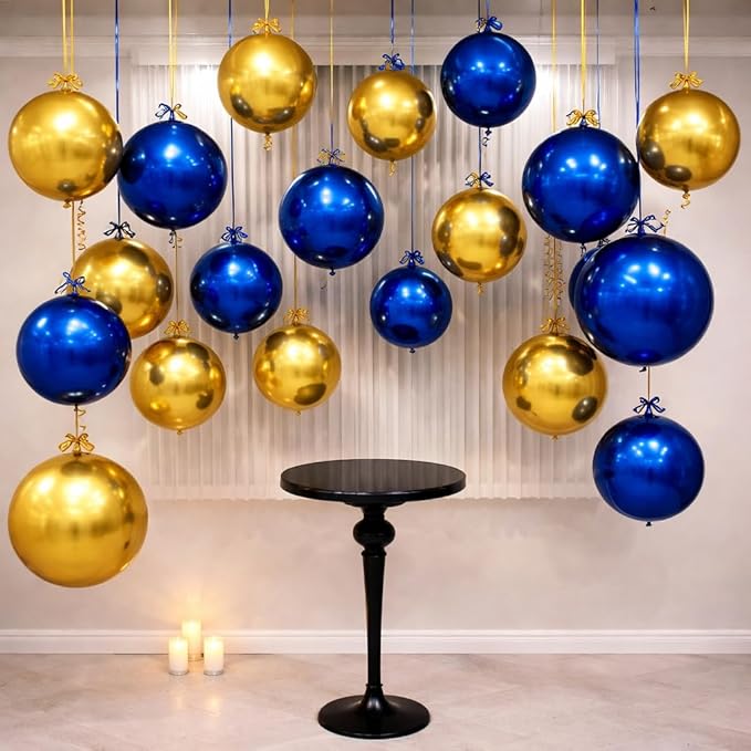 Togvu Navy Gold Round Foil Balloons, 16PCS Different Sizes 4D Metallic Balloon Large Sphere Mirror Ball Balloons for Prom Graduation New Year Men Birthday Party Ceiling Decorations Supplies