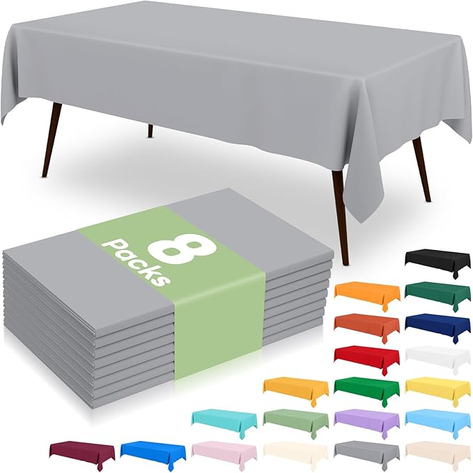 misaya 8 Packs Disposable Plastic Table Cloth, 54 x 108 Inch Waterproof Rectangle Tablecloth, Leakproof & Sturdy Decorative Table Covers for Easter, Picnic, Party and Outdoor, Grey