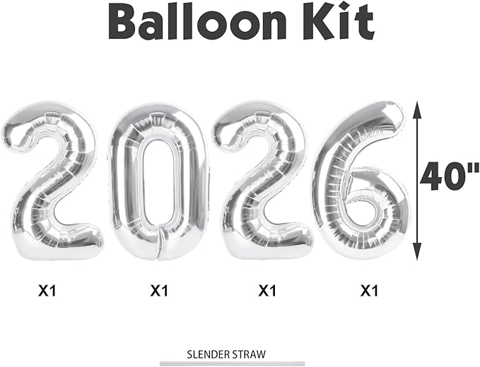 Silver 2026 Balloons, 22 Number Balloon, 40 Inch Foil Big Number Balloons for 2 20 22 26 2026 Happy Birthday Party Supplies, Graduation, Wedding, Anniversary, New Year Eve Decoration