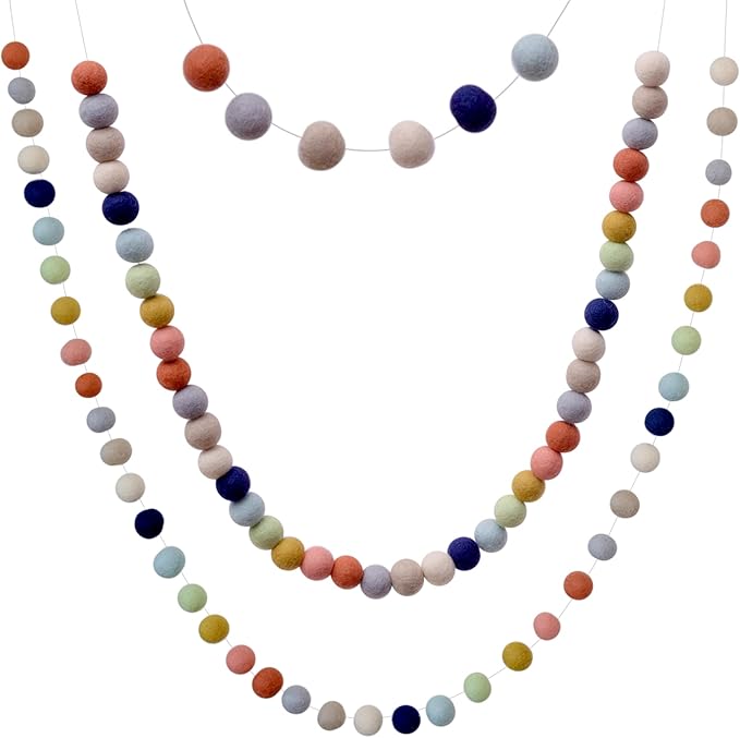 Glaciart One Felt Ball Garland (2-Pack) Pom Pom Garland - 8 Feet, 40 Balls, 9 Gender Neutral Colors, Nursery Decor, Bunting, Birthday Party Decorations, Easter, Photo Prop