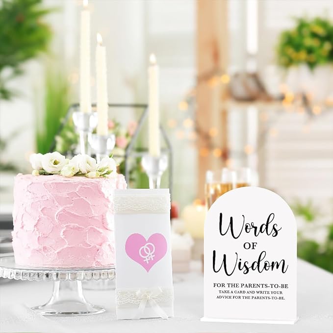 Baby in Bloom Shower Decorations, Baby Shower Sign, Newborn Gifts, Words of Wisdom Game Signs, Modern Calligraphy Arched Acrylic Table Top Signs With Stand for Gender Reveal Party Decoration (White)