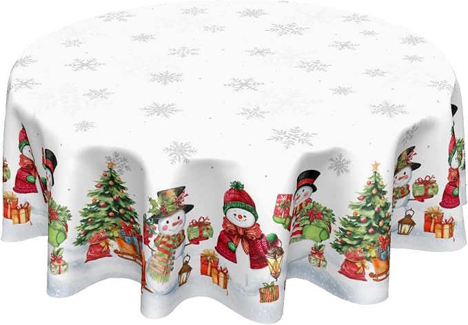 Christmas Snowflake Round Tablecloth White Tablecloth 70 Inch Xmas Snowman Pattern Circle Table Cloth Winter Holiday Table Cover Indoor Decor for Home Kitchen Dinning Party