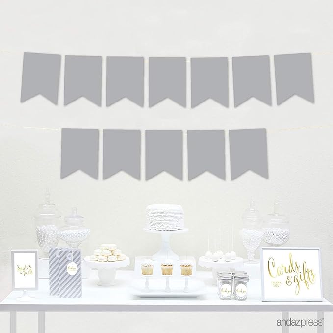 Andaz Press Hanging Pennant Banner with String, Gray, 1-Set, 24 Pennants, Approx. 12-Feet Long