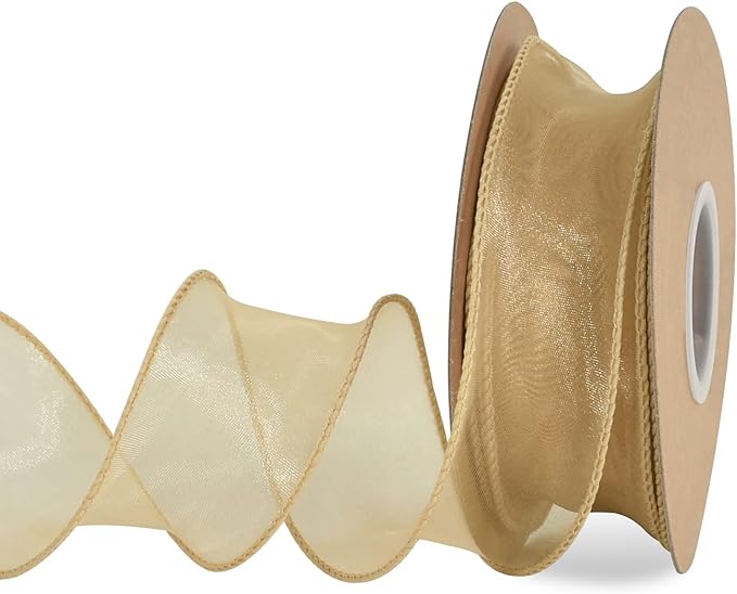 TONIFUL 1-1/2 Inch Wide Gold Wired Chiffon Ribbon Sheer Organza Ribbons for Crafts Floral Bouquets Wedding New Year Eve Party Decorations Valentine's Day Gift Wrapping Bow Making Tree Wreaths (10yd)