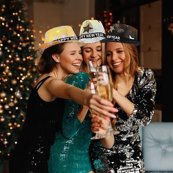 9 Pack New Year Hat Fedora Hats New Years Hats New Year Eve Sequin Hat Gold Black Silver Happy New Year Hat for Adults Men and Women Christmas New Year Party Decorations
