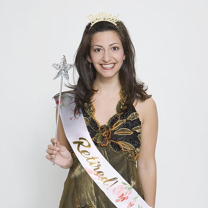 Didder Retirement Party Decorations - Gold Retired Tiara Crown Headband, Retirement Sash for Women