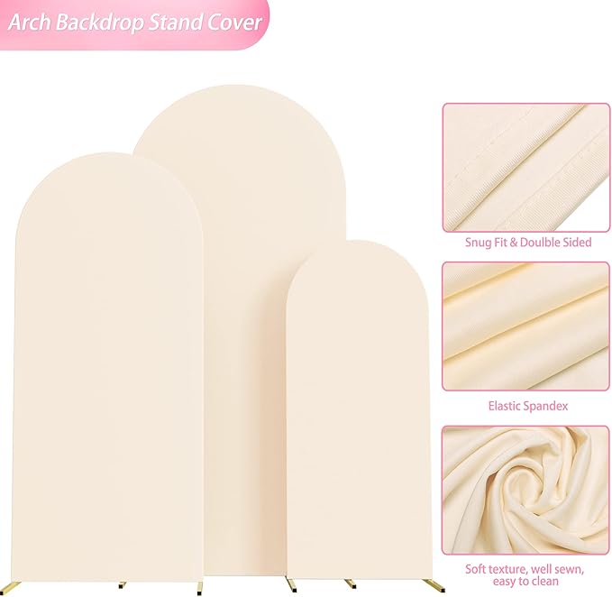 Wokceer Set of 3 Wedding Arch Cover Spandex Fitted Wedding Arch Stand Covers for Round Top Chiara Arch Backdrop Stands Cover for Birthday Party Ceremony Banquet Decoration 4ft,5ft,6ft Beige
