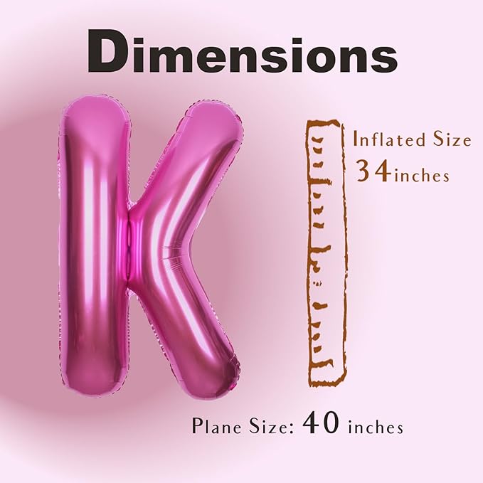 SUWEN 40 Inch Hot Pink Large K Letter Balloons Big Foil Helium Letter Balloons A-Z Jumbo Mylar Happy Birthday Party Decorations for Woman Anniversary Party Supplies
