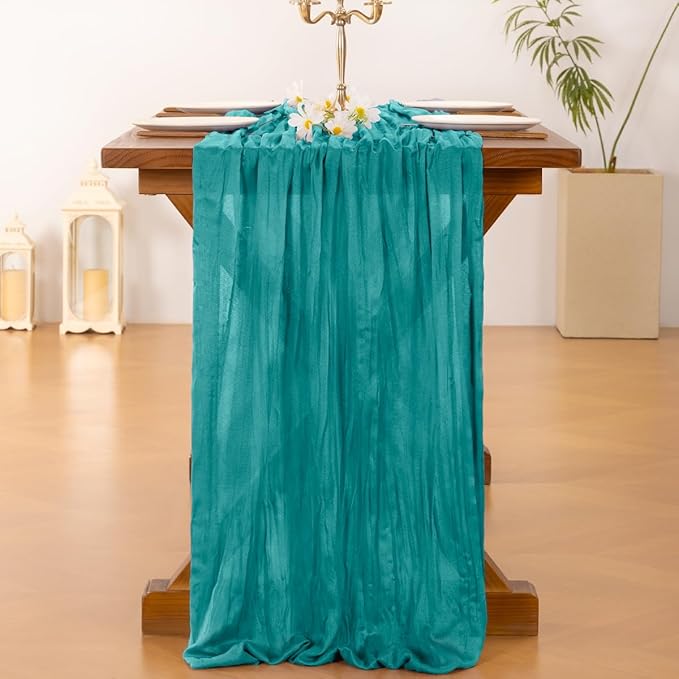 Socomi 10pcs Teal Blue Cheesecloth Table Runner Boho Rustic Gauze 120 inch 10FT Cheese Cloth Runner for Wedding Party Baby Shower Birthday Home Decor Holiday Decorations