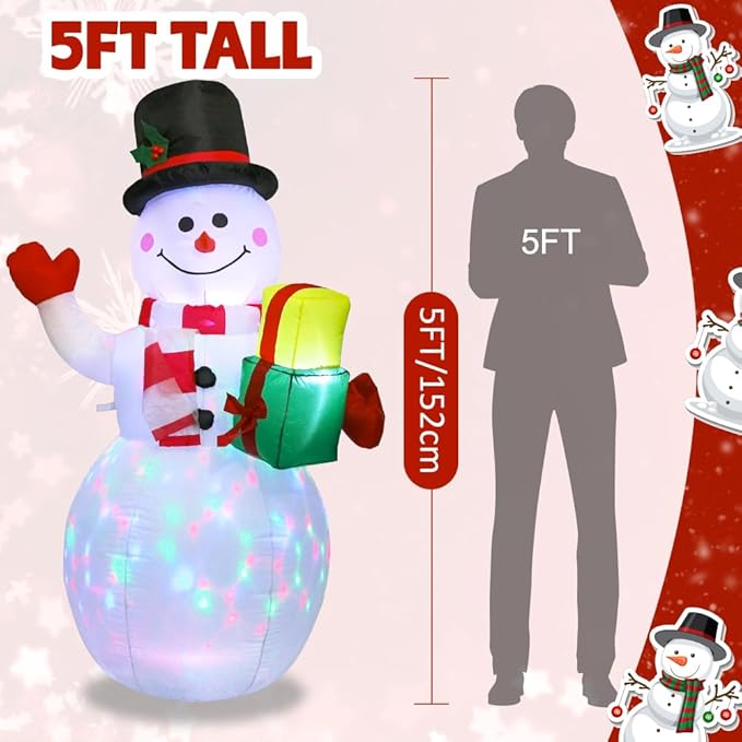 AerWo 5ft Christmas Inflatables Outdoor Decorations, Inflatable Snowman Christmas Blow Up Yard Decorations with Rotating LED Lights for Yard Garden Decorations Indoor Outdoor