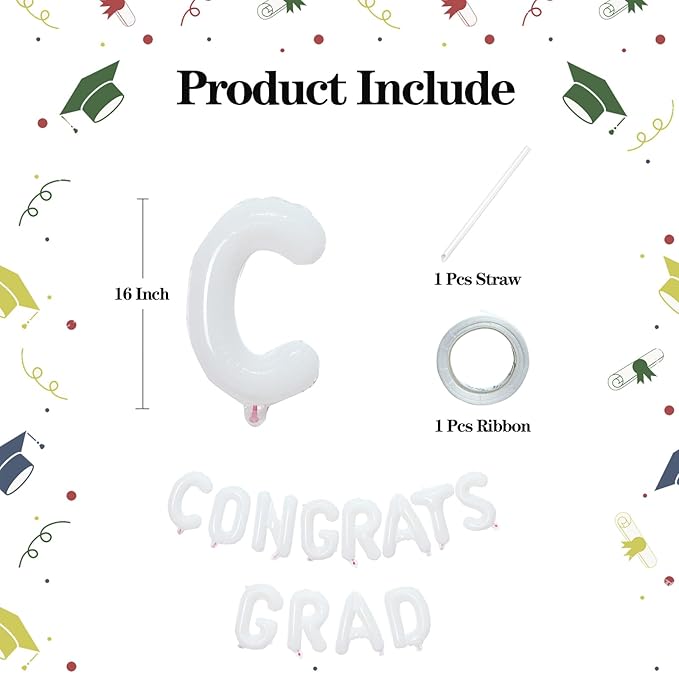 KALOR 16 Inch White Congrats Grad Banner Balloons, White Congrats Grad Letters Sign, Graduation Decorations 2026 for Graduation Party Decorations 2026