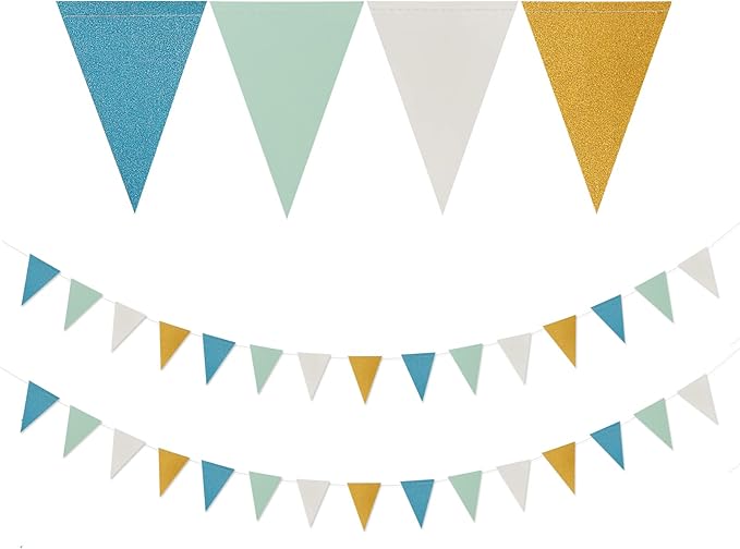 Teal-Blue Mint Ivory-Gold Party-Decorations Banner,2 Pack Glitter Paper Triangle Pennant Flags Streamers,Birthday Wedding Engagement Bridal Baby Shower Bachelorette Decor Bunting Lasting Surprise