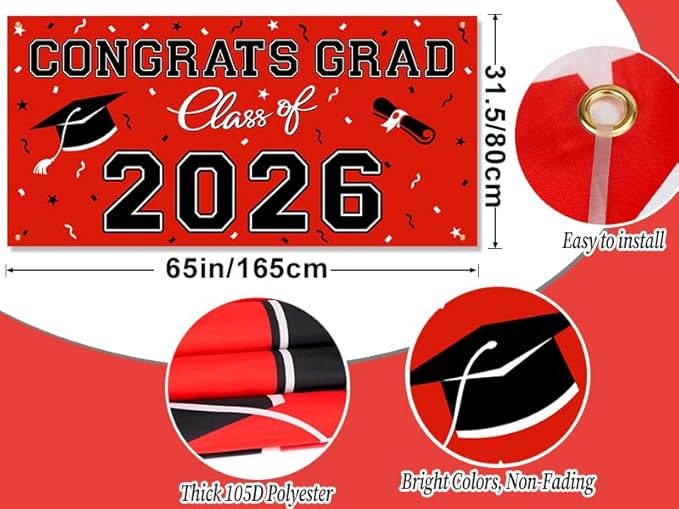 WOHOHOHO 23Pcs Graduation Decorations 2026 Set, Red Porch Door Sign GRAD Banner, Class of 2026 Backdrop, 5 Colors Large Balloons, Hanging Party Supplies for High School College Indoor Outdoor Decor