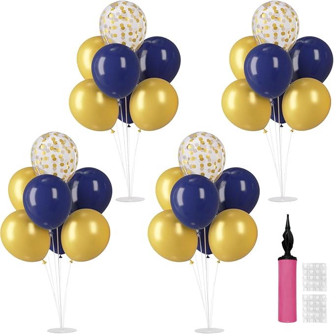 4 Sets Balloon Stand Kit, Balloon Sticks Holder with Navy and Gold Balloons for Table Centerpiece Graduation Birthday Father's Day New Year Party Decorations(Navy and Gold)