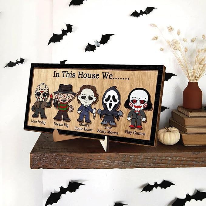 In This House We Horror Halloween, 2 Layered Frame Wood Sign, Halloween Signs, Wall Hanging Scary Decorations, Haunted Party, Spooky Movie Characters decor for Indoor Outdoor Wall Desk (STAND)