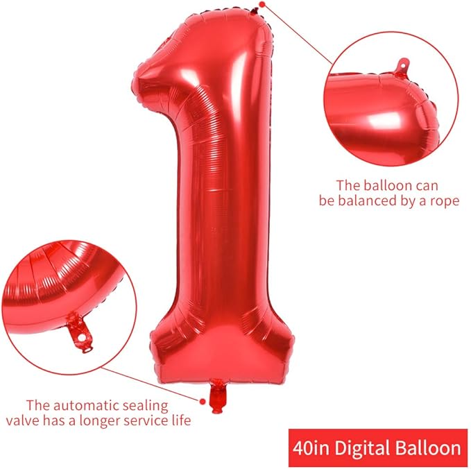 TONIFUL 40 Inch Red Large Numbers Balloons 0-9, Number 1 Digital 1 HeliumFoil Mylar Big Number Balloons for 2026 Mother's Day New Year Eve Graduation Valentine's Day Birthday Party Anniversary Party
