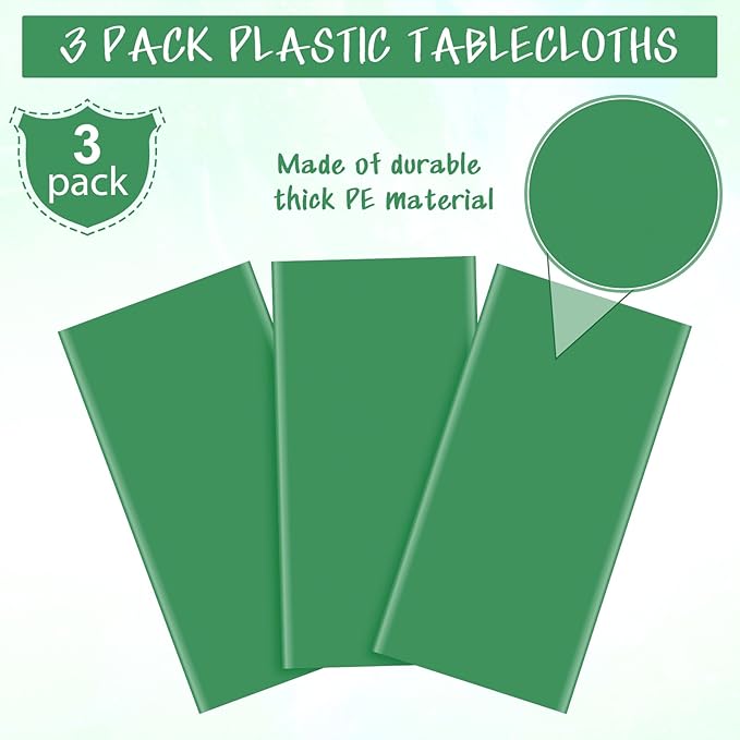 3Pcs Green Tablecloths for Rectangle Tables,Disposable Plastic Table Cloth,Waterproof Green Table Cover for Graduation Birthdays Weddings Anniversary Party Decorations,54 x 108 Inch