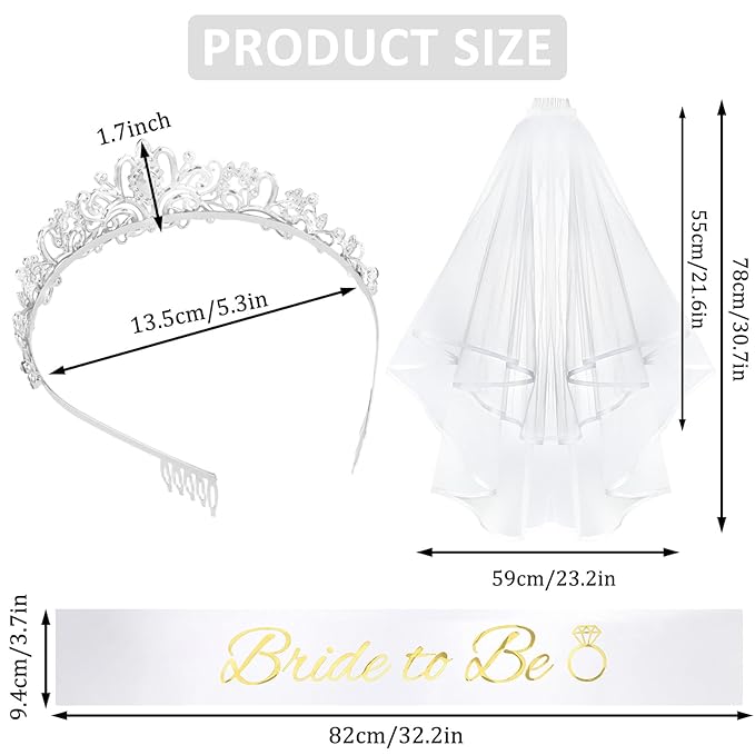 CIEHER Bachelorette Party Favors - White Veil, Bride to Be Sash & Crystal Crown for Bridal Shower Decoraions Wedding Party Gifts - Silver