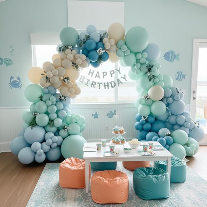 163Pcs Under The Sea Balloon Garland Arch Kit - Ocean Theme Party Decorations with Dusty Slate Blue Pastel Green Sand White Balloons for Baby Shower Birthday Under the Sea Party Decorations