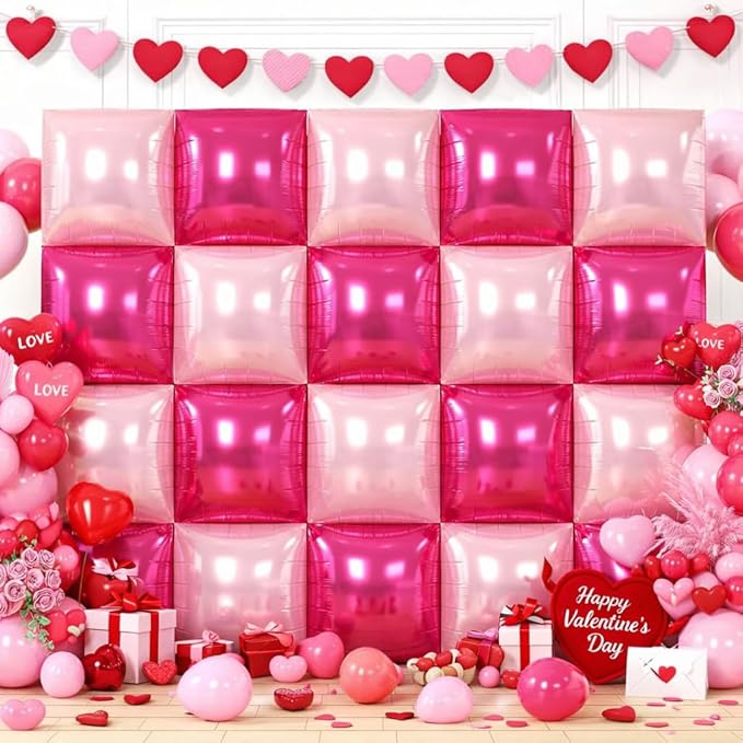 Hot Pink Square Balloons Wall, 10 PCS Magenta Foil Balloons Wall Double Sided Pink Balloon Wall Backdrop for Girls Bachelorette Birthday Bridal Shower Princess Party Decorations