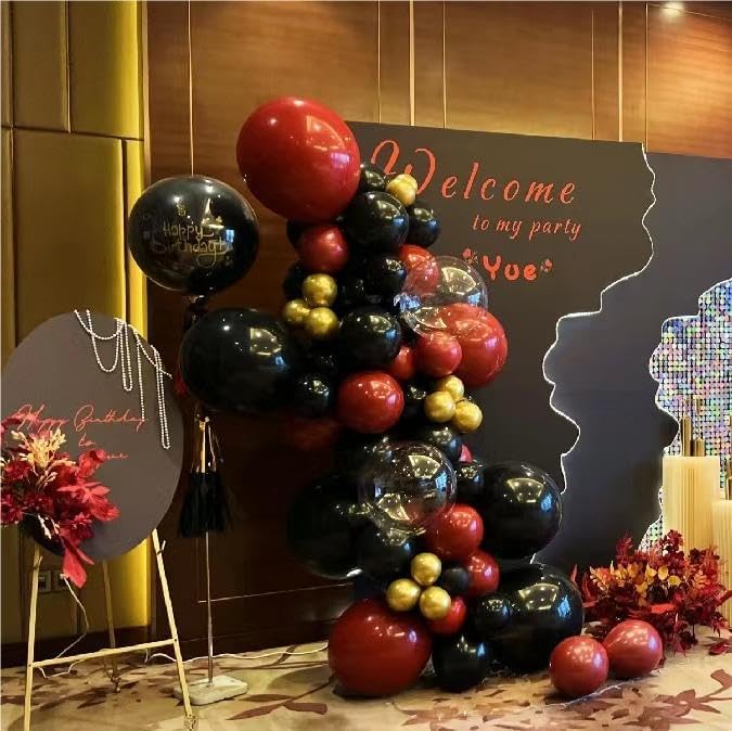 Black Gold Red Balloons Garland Arch Kit, 141Pcs Latex Balloons Different Sizes 18 12 10 5 Inch for Party Decorations, Wedding Backdrop, Birthday, Baby Shower, Graduation