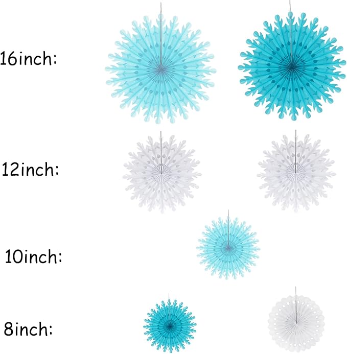 Snowflake-Snow Blue-White Christmas Frozen Party-Decorations - 9pcs Winter Girl Birthday New Year Paper Fan Banner Stareamers, Wonderland Party Supplies Decor Lasting Surprise